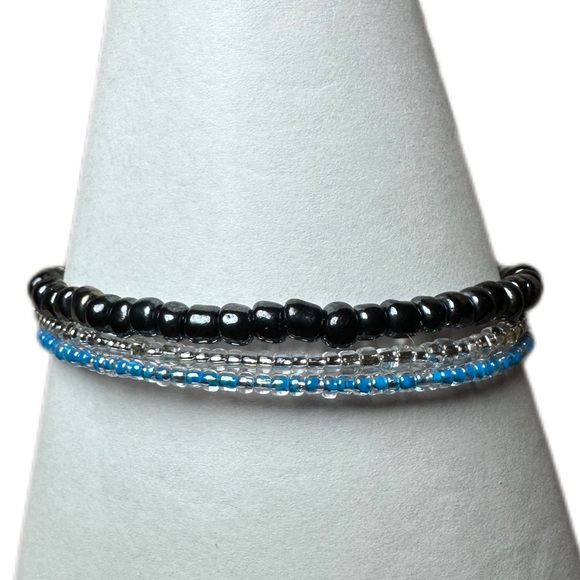 Handmade Jewelry - Layered black and blue bracelet handmade memory wire one size fits most